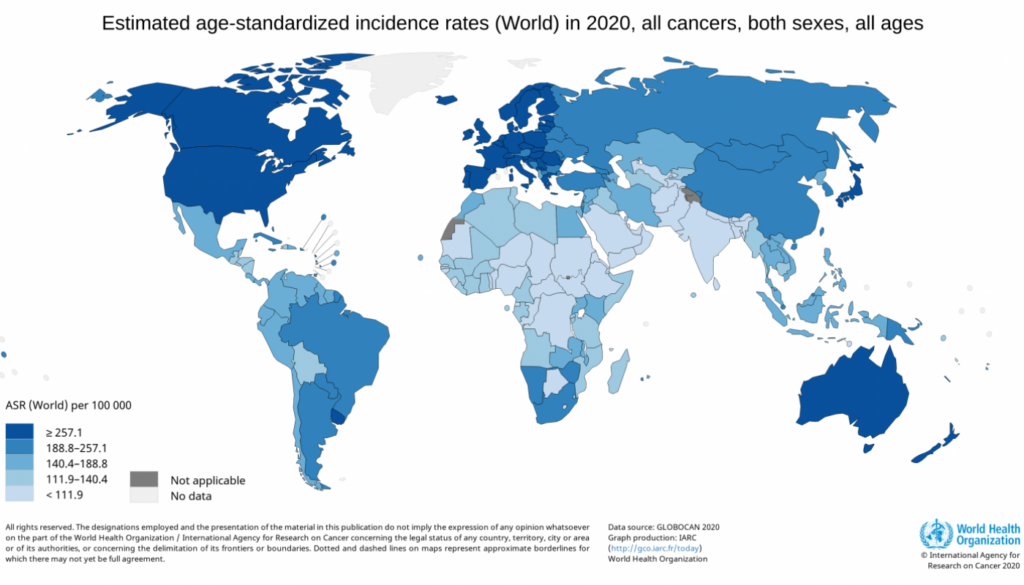 Estimated age standardized incidence rates World in 2020 all cancers both sexes all ages
