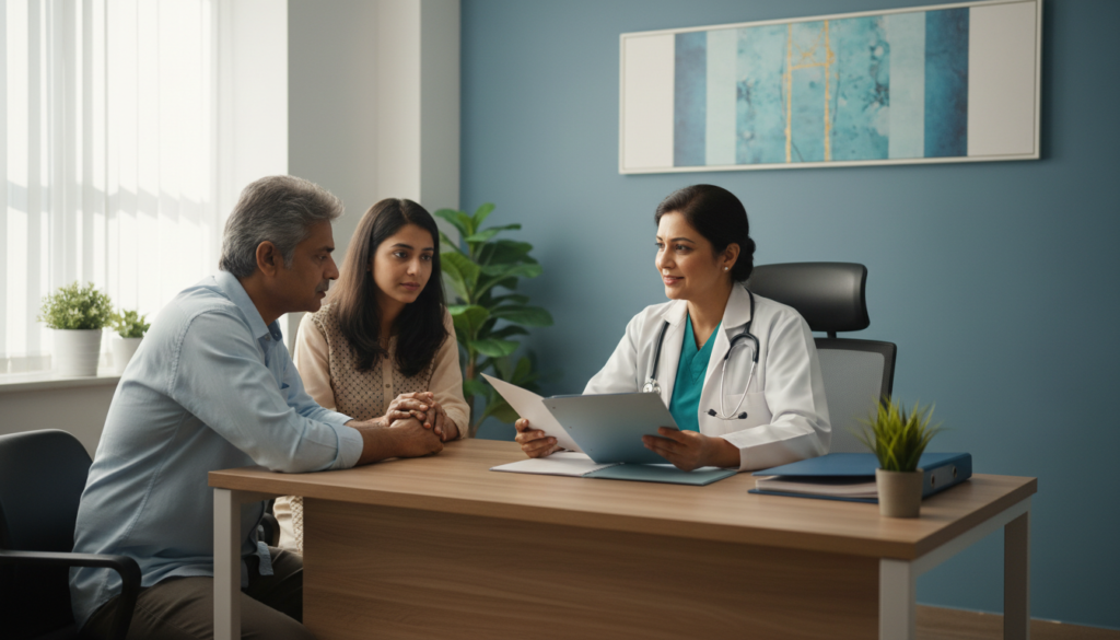 Oncologist discussing a treatment plan with a patient and his daughter