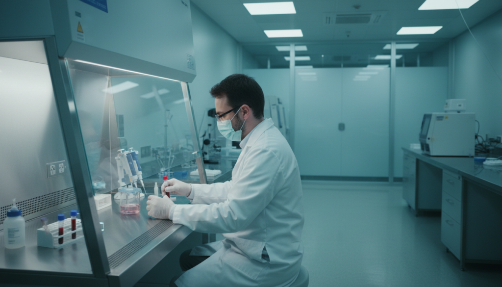 Scientist preparing a personalised cell therapy in a sterile laboratory