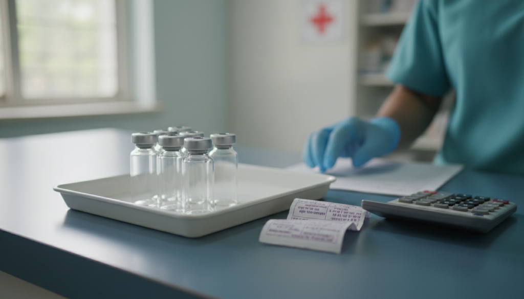 Unlabelled immunotherapy medicine vials beside a pharmacy bill and calculator